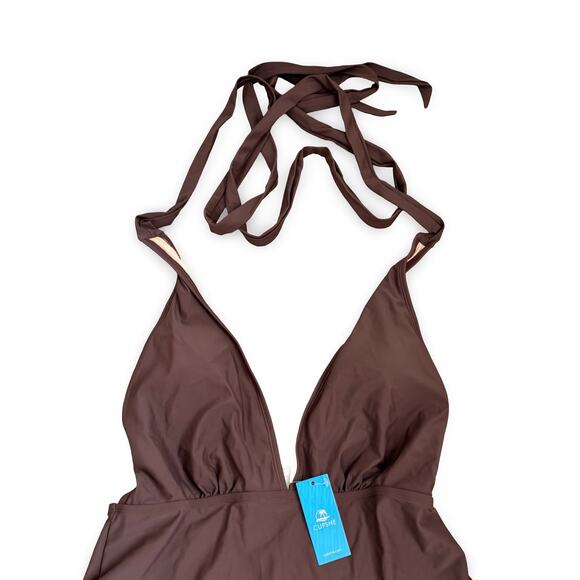Cupshe Women’s L One Piece Swimsuit Brown Halter Deep V Plunge Monokini NWT - Picture 2 of 5